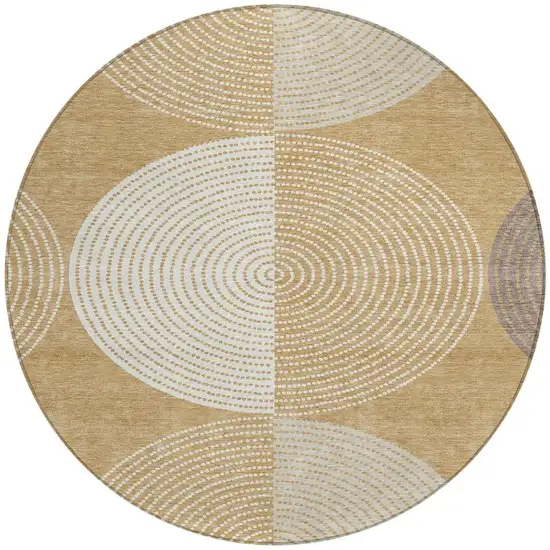 8' Gold And Ivory Round Geometric Washable Indoor Outdoor Area Rug Photo 5