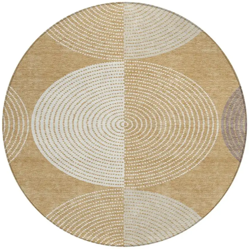 8' Gold And Ivory Round Geometric Washable Indoor Outdoor Area Rug Photo 5