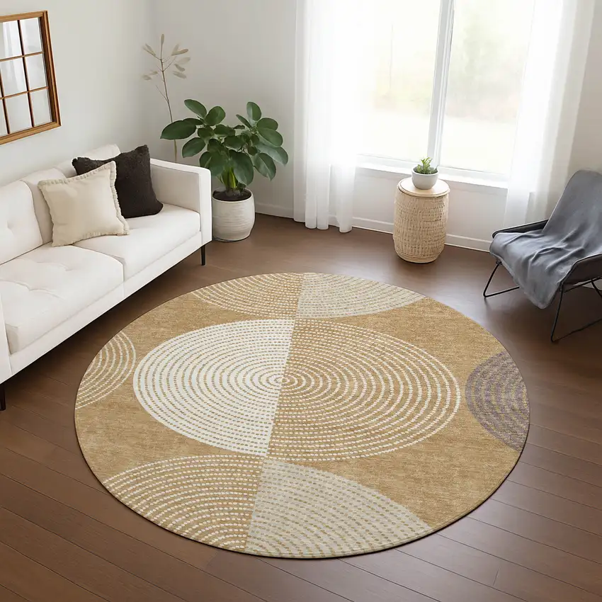 8' Gold And Ivory Round Geometric Washable Indoor Outdoor Area Rug Photo 9