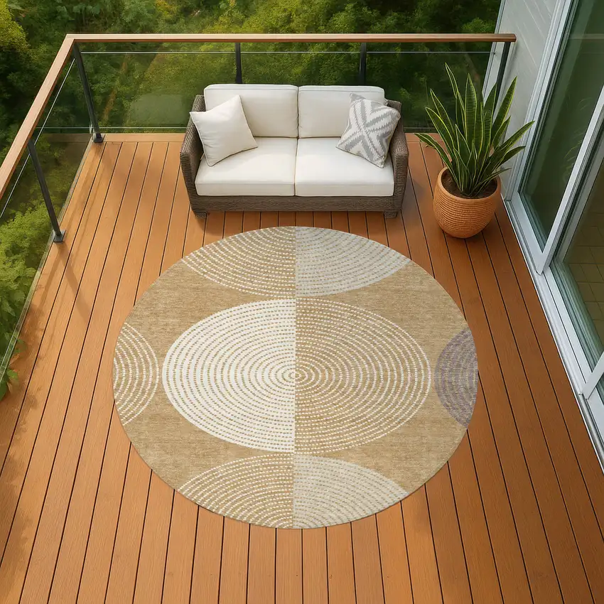 8' Gold And Ivory Round Geometric Washable Indoor Outdoor Area Rug Photo 8
