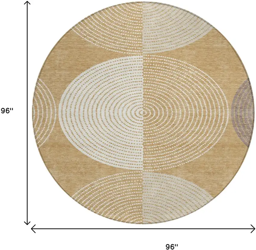 8' Gold And Ivory Round Geometric Washable Indoor Outdoor Area Rug Photo 3