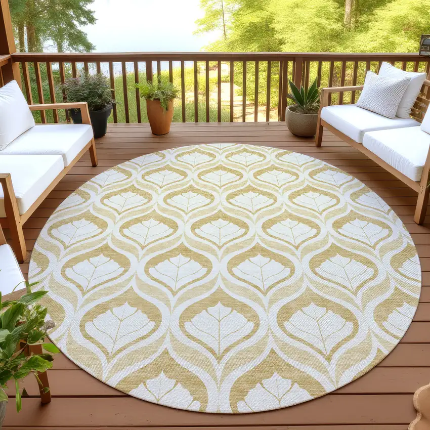 8' Gold And Ivory Round Geometric Washable Indoor Outdoor Area Rug Photo 4
