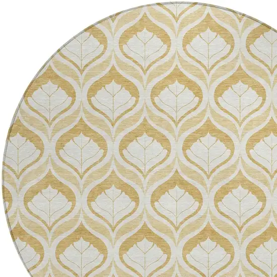8' Gold And Ivory Round Geometric Washable Indoor Outdoor Area Rug Photo 2