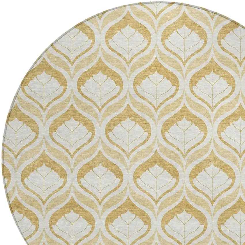 8' Gold And Ivory Round Geometric Washable Indoor Outdoor Area Rug Photo 2