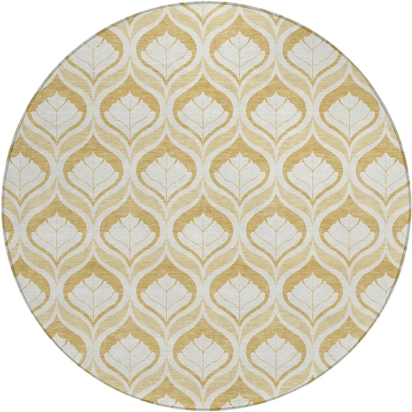 8' Gold And Ivory Round Geometric Washable Indoor Outdoor Area Rug Photo 1