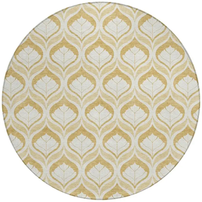 8' Gold And Ivory Round Geometric Washable Indoor Outdoor Area Rug Photo 3