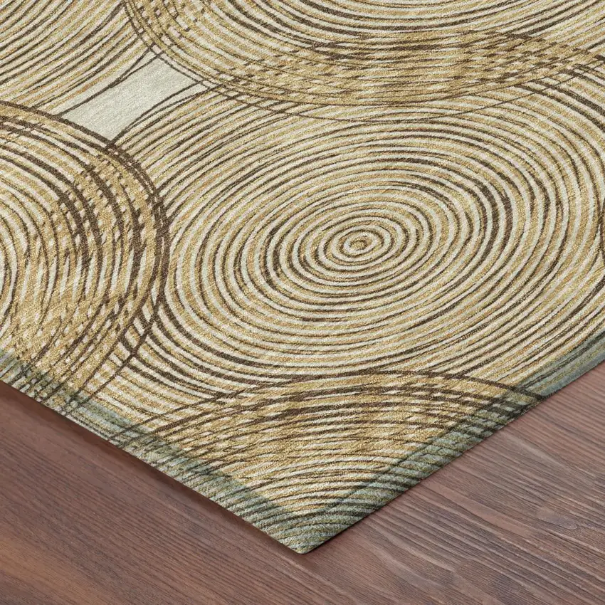 8' Gold And Ivory Round Geometric Washable Indoor Outdoor Area Rug Photo 5