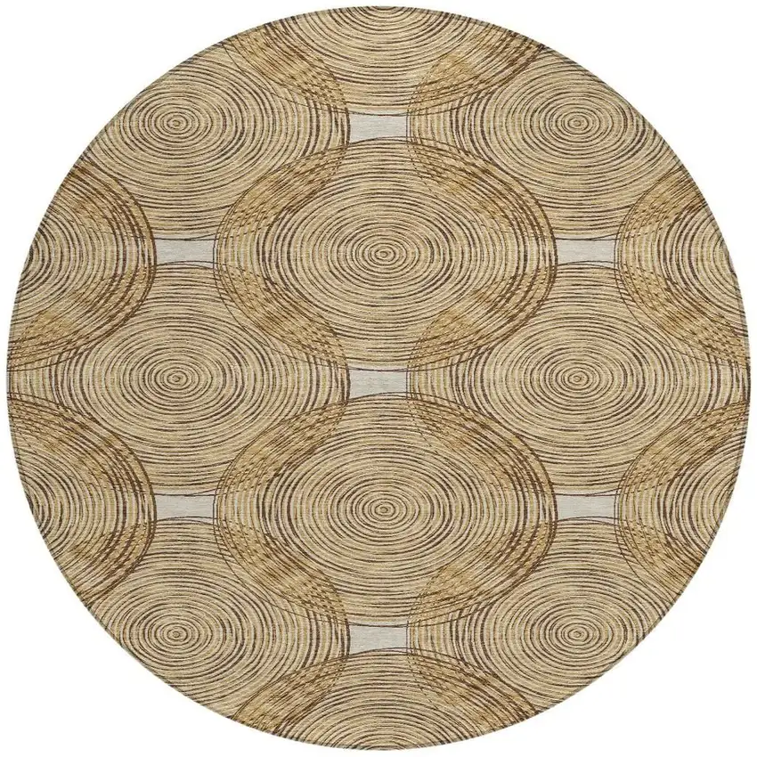8' Gold And Ivory Round Geometric Washable Indoor Outdoor Area Rug Photo 4