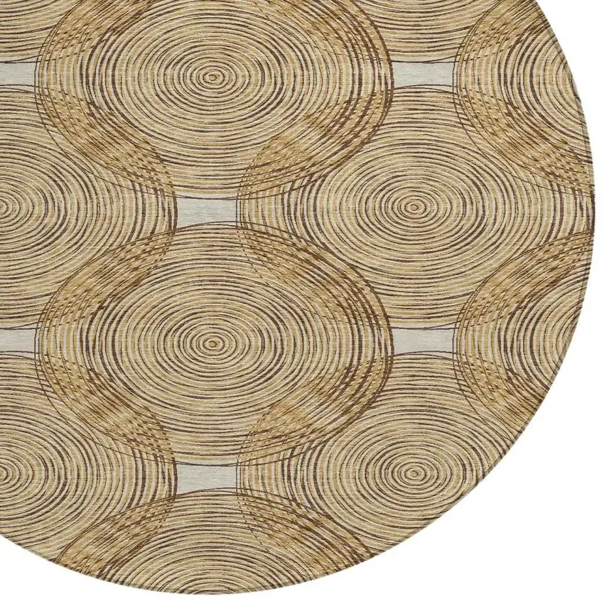 8' Gold And Ivory Round Geometric Washable Indoor Outdoor Area Rug Photo 3