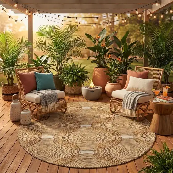 8' Gold And Ivory Round Geometric Washable Indoor Outdoor Area Rug Photo 1