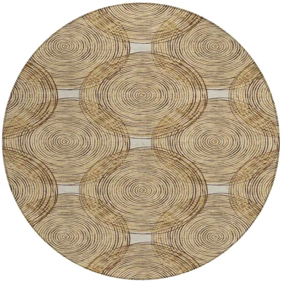 8' Gold And Ivory Round Geometric Washable Indoor Outdoor Area Rug Photo 2
