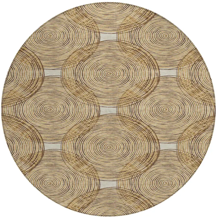 8' Gold And Ivory Round Geometric Washable Indoor Outdoor Area Rug Photo 2