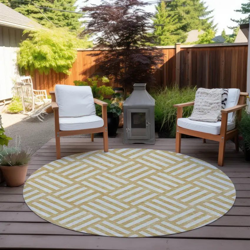 8' Gold And Ivory Round Geometric Washable Indoor Outdoor Area Rug Photo 6