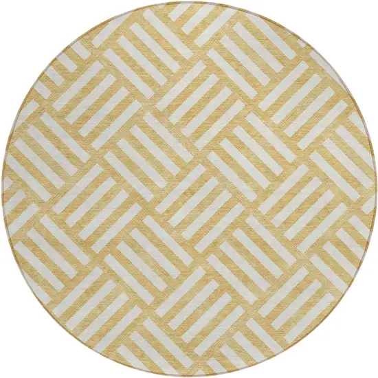 8' Gold And Ivory Round Geometric Washable Indoor Outdoor Area Rug Photo 2