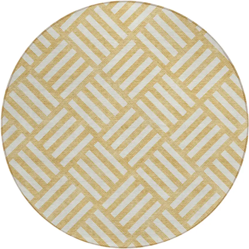 8' Gold And Ivory Round Geometric Washable Indoor Outdoor Area Rug Photo 2