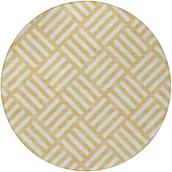 8' Gold And Ivory Round Geometric Washable Indoor Outdoor Area Rug Photo 5