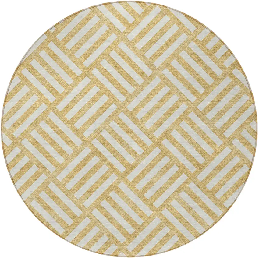 8' Gold And Ivory Round Geometric Washable Indoor Outdoor Area Rug Photo 5