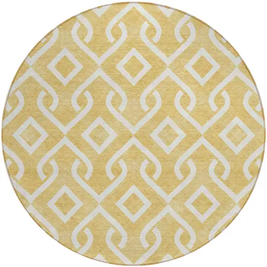 8' Gold And Ivory Round Geometric Washable Indoor Outdoor Area Rug Photo 2