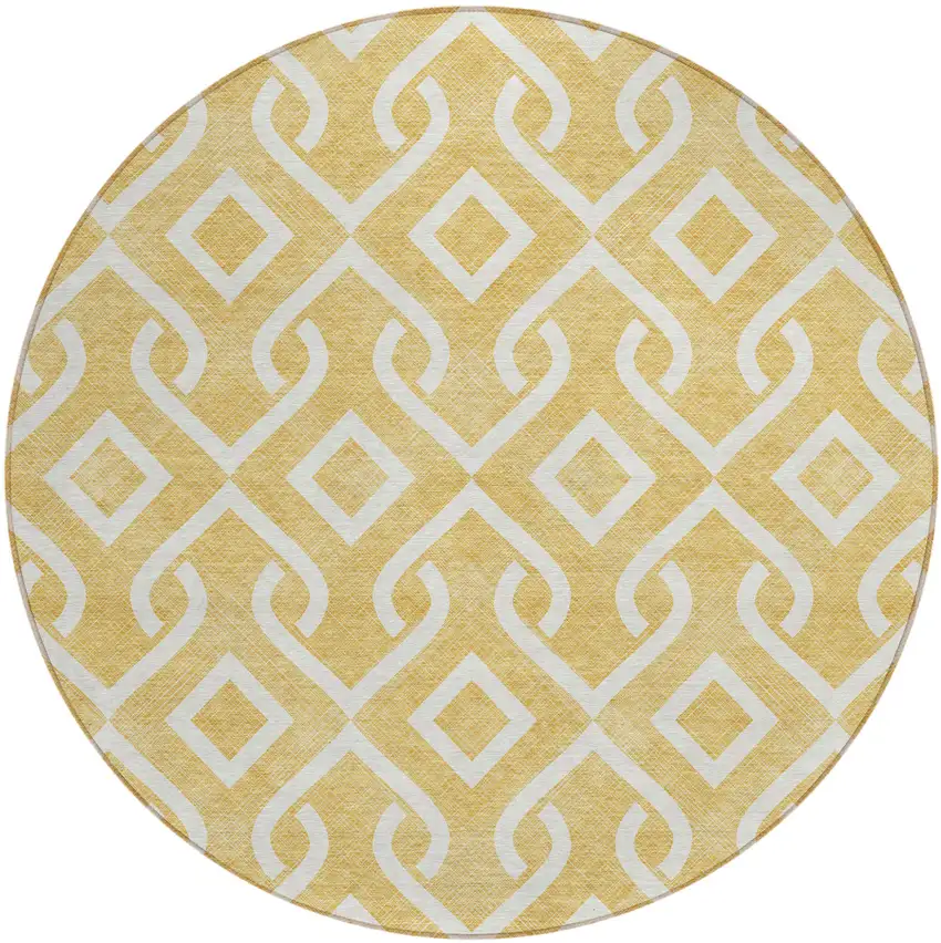 8' Gold And Ivory Round Geometric Washable Indoor Outdoor Area Rug Photo 2