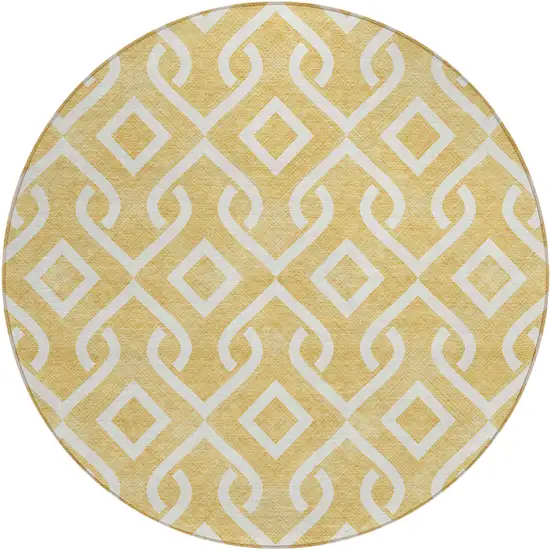 8' Gold And Ivory Round Geometric Washable Indoor Outdoor Area Rug Photo 2