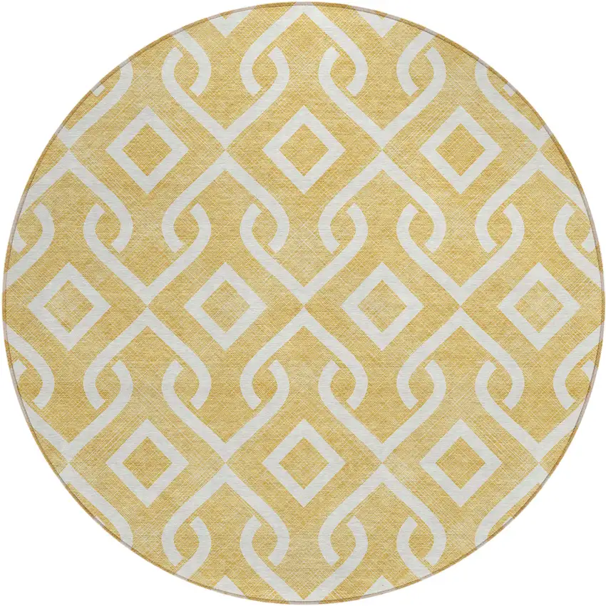8' Gold And Ivory Round Geometric Washable Indoor Outdoor Area Rug Photo 2