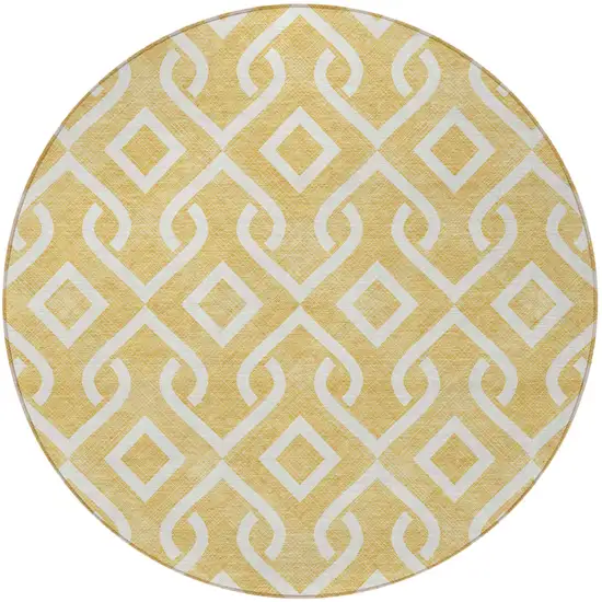 8' Gold And Ivory Round Geometric Washable Indoor Outdoor Area Rug Photo 4