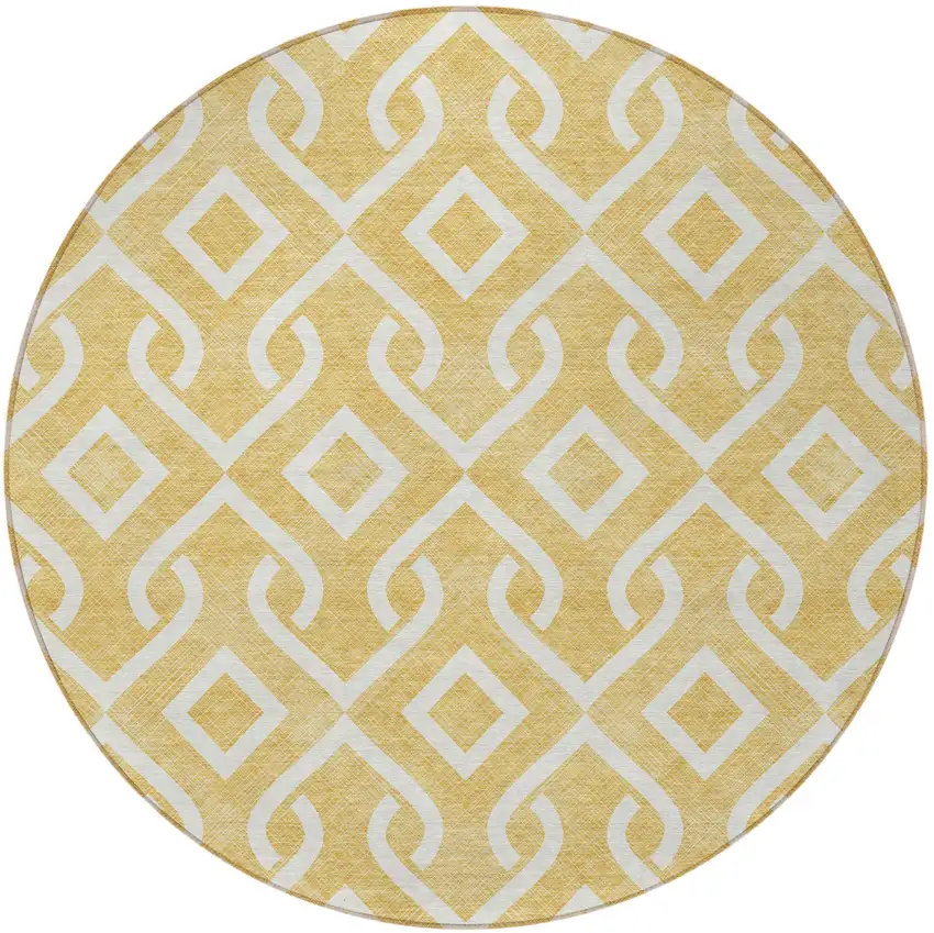 8' Gold And Ivory Round Geometric Washable Indoor Outdoor Area Rug Photo 4