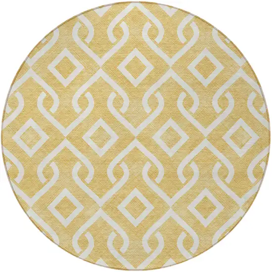 8' Gold And Ivory Round Geometric Washable Indoor Outdoor Area Rug Photo 4