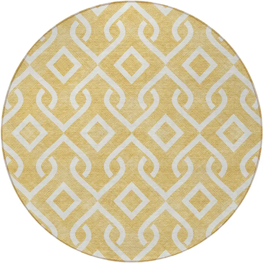 8' Gold And Ivory Round Geometric Washable Indoor Outdoor Area Rug Photo 4