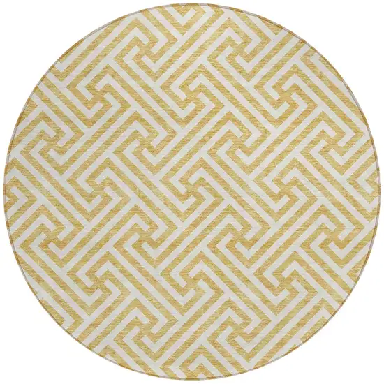 8' Gold And Ivory Round Geometric Washable Indoor Outdoor Area Rug Photo 6