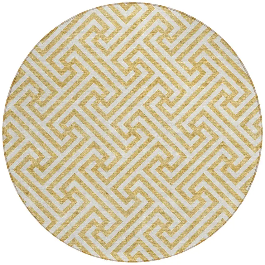8' Gold And Ivory Round Geometric Washable Indoor Outdoor Area Rug Photo 6