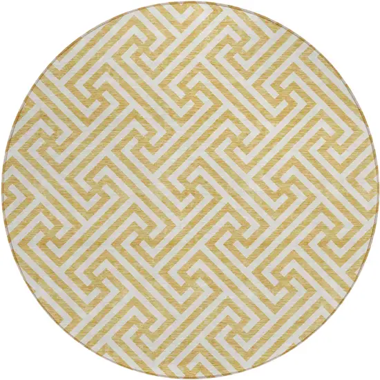8' Gold And Ivory Round Geometric Washable Indoor Outdoor Area Rug Photo 1