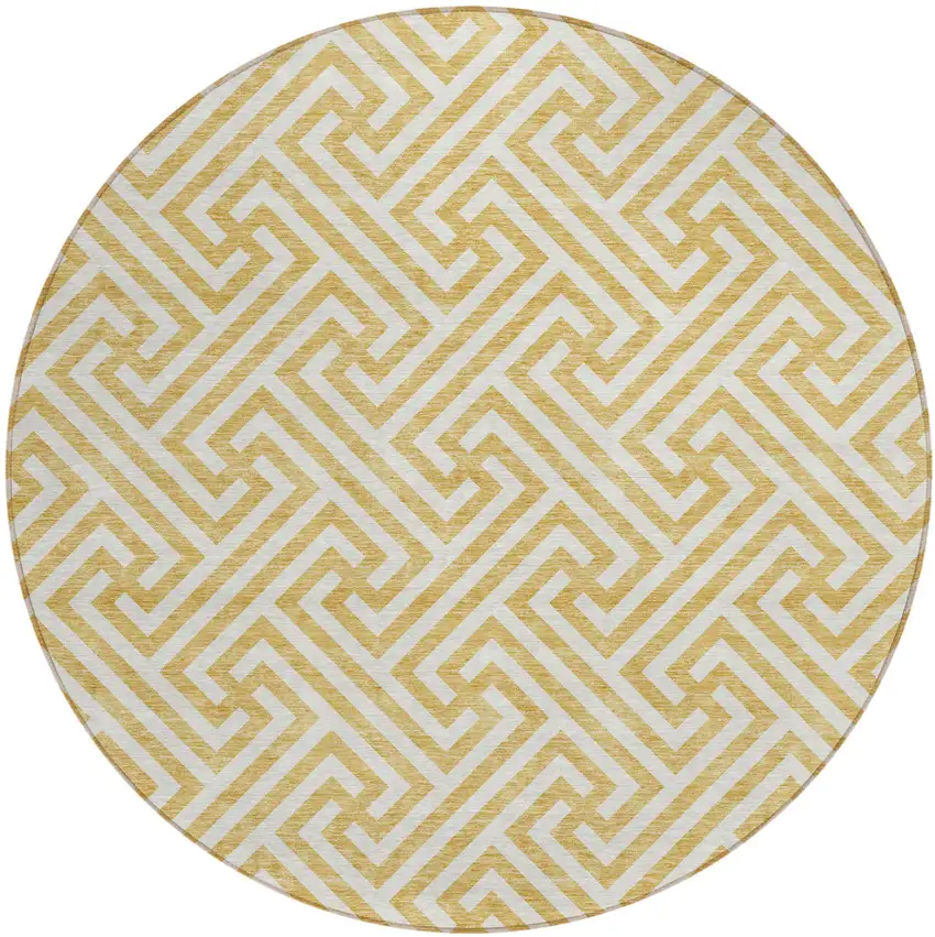 8' Gold And Ivory Round Geometric Washable Indoor Outdoor Area Rug Photo 1