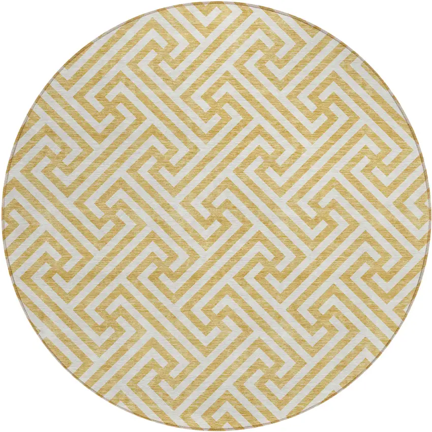 8' Gold And Ivory Round Geometric Washable Indoor Outdoor Area Rug Photo 1