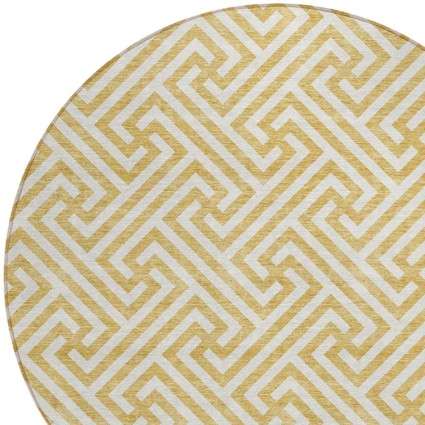 8' Gold And Ivory Round Geometric Washable Indoor Outdoor Area Rug Photo 4