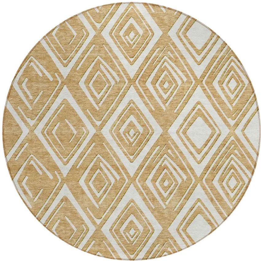 8' Gold And Ivory Round Geometric Washable Indoor Outdoor Area Rug Photo 6