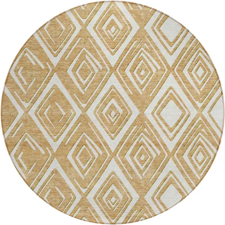 8' Gold And Ivory Round Geometric Washable Indoor Outdoor Area Rug Photo 2