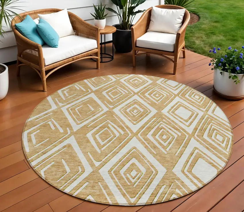 8' Gold And Ivory Round Geometric Washable Indoor Outdoor Area Rug Photo 1