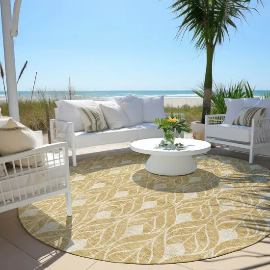 8' Gold And Ivory Round Geometric Washable Indoor Outdoor Area Rug Photo 6