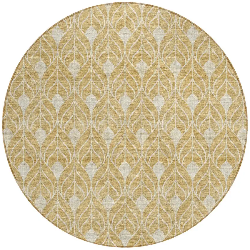 8' Gold And Ivory Round Geometric Washable Indoor Outdoor Area Rug Photo 5