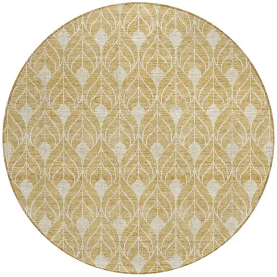 8' Gold And Ivory Round Geometric Washable Indoor Outdoor Area Rug Photo 5