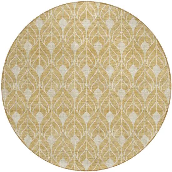 8' Gold And Ivory Round Geometric Washable Indoor Outdoor Area Rug Photo 2