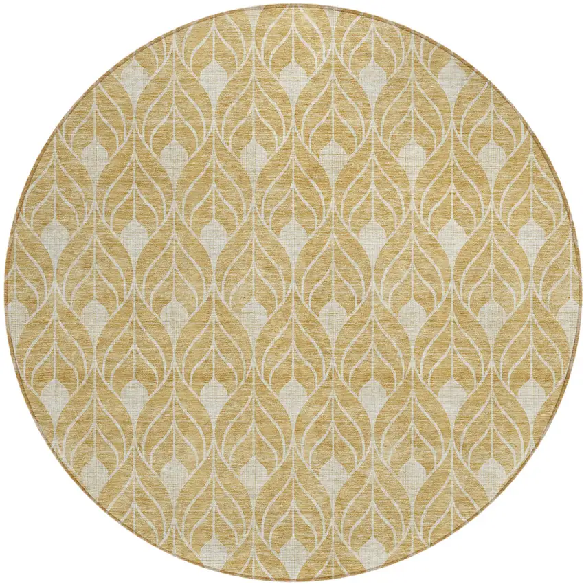8' Gold And Ivory Round Geometric Washable Indoor Outdoor Area Rug Photo 2