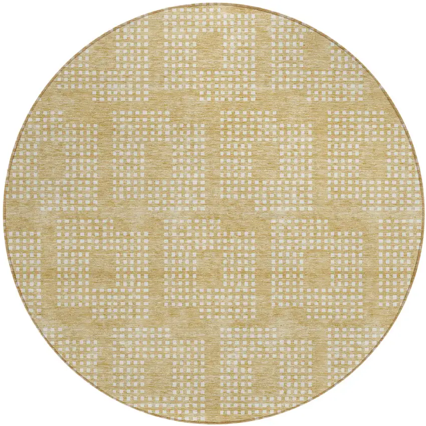 8' Gold And Ivory Round Geometric Washable Indoor Outdoor Area Rug Photo 2