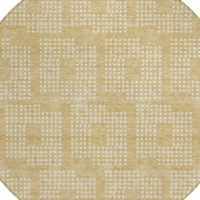 8' Gold And Ivory Round Geometric Washable Indoor Outdoor Area Rug Photo 4