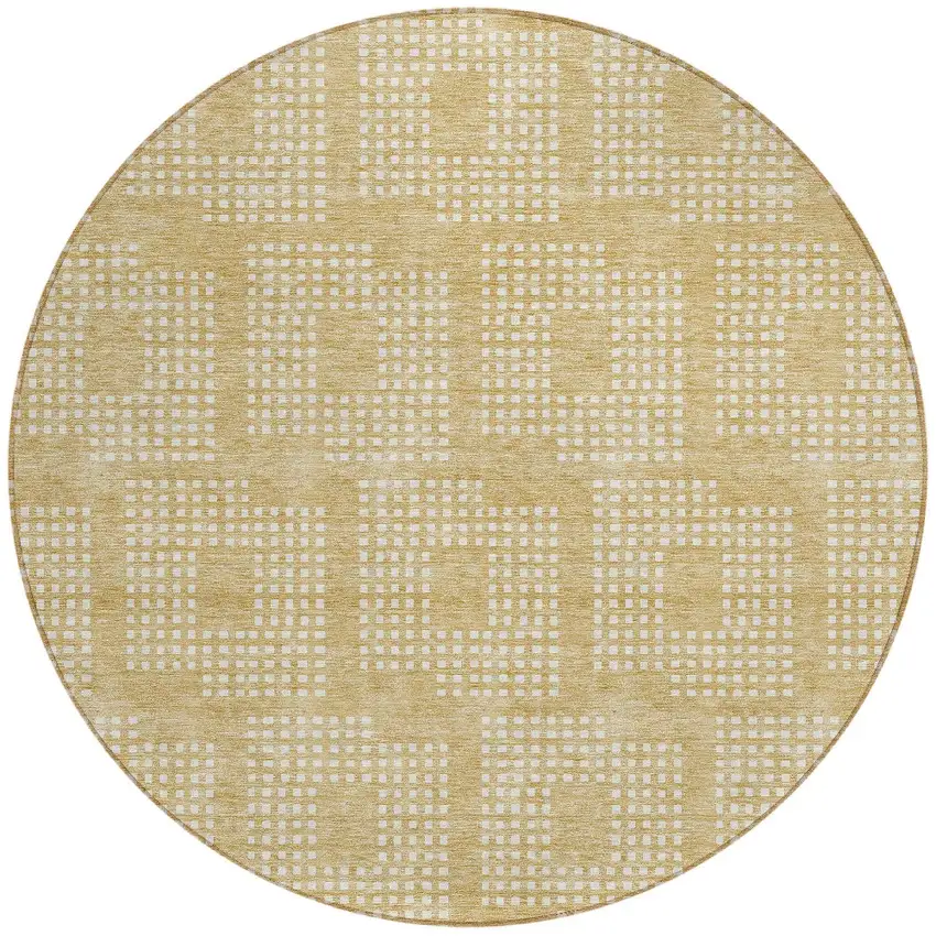8' Gold And Ivory Round Geometric Washable Indoor Outdoor Area Rug Photo 5