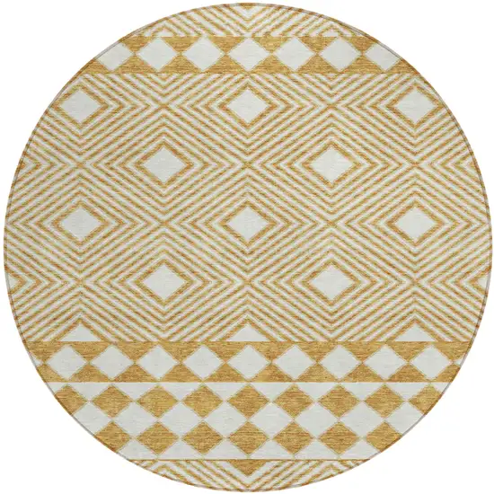 8' Gold And Ivory Round Geometric Washable Indoor Outdoor Area Rug Photo 2