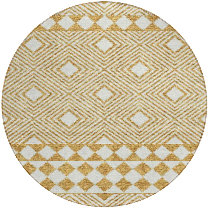 8' Gold And Ivory Round Geometric Washable Indoor Outdoor Area Rug Photo 2