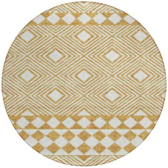 8' Gold And Ivory Round Geometric Washable Indoor Outdoor Area Rug Photo 6