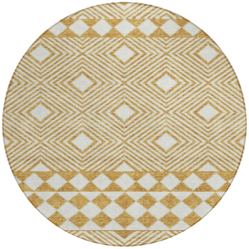 8' Gold And Ivory Round Geometric Washable Indoor Outdoor Area Rug Photo 6